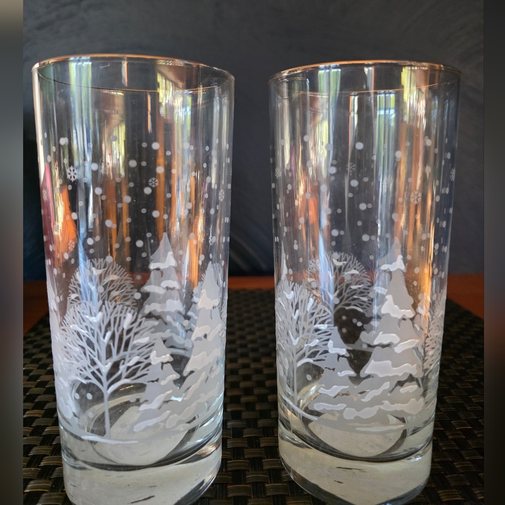 Set of 2 Libbey Frosted Pine High Ball Tumbler GlassesGold Rims New-No Box
